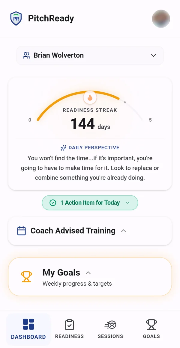 PitchReady dashboard with a 144-day readiness streak, a daily perspective message, coach advised training, and weekly goals